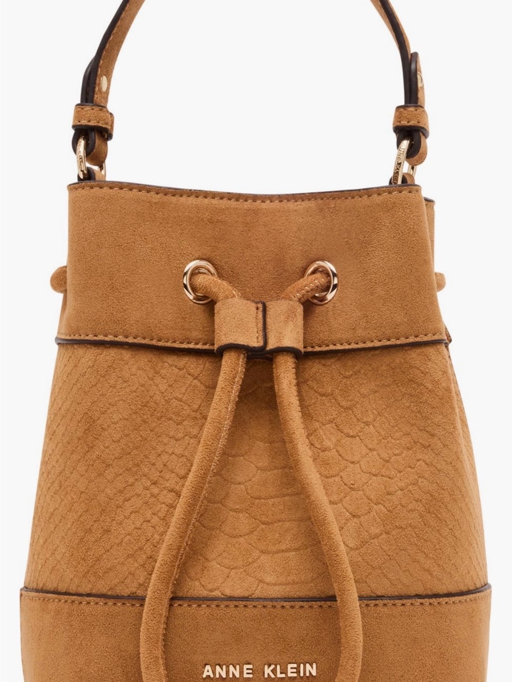 Anne Klein Tan Suede Drawstring Mini Bucket Bag